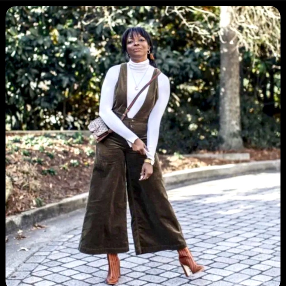 We The Free Olive Green Corduroy Wide-Leg Jumpsuit with White Turtleneck
